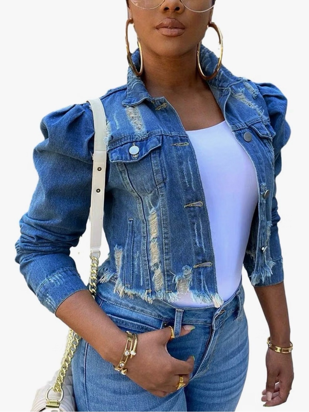 Women's Puff Sleeve Denim Crop Top Long-Sleeve Frayed Hem Blue Jean Jacket, 2X